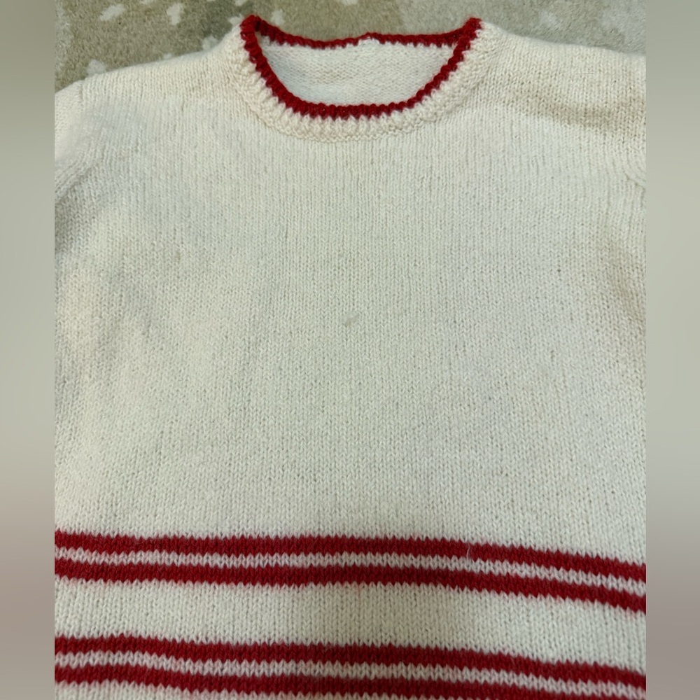 Vintage Unbranded Cream Wool Blend Knit Sweater Red Stripe Preppy Cottage core - Picture 6 of 7